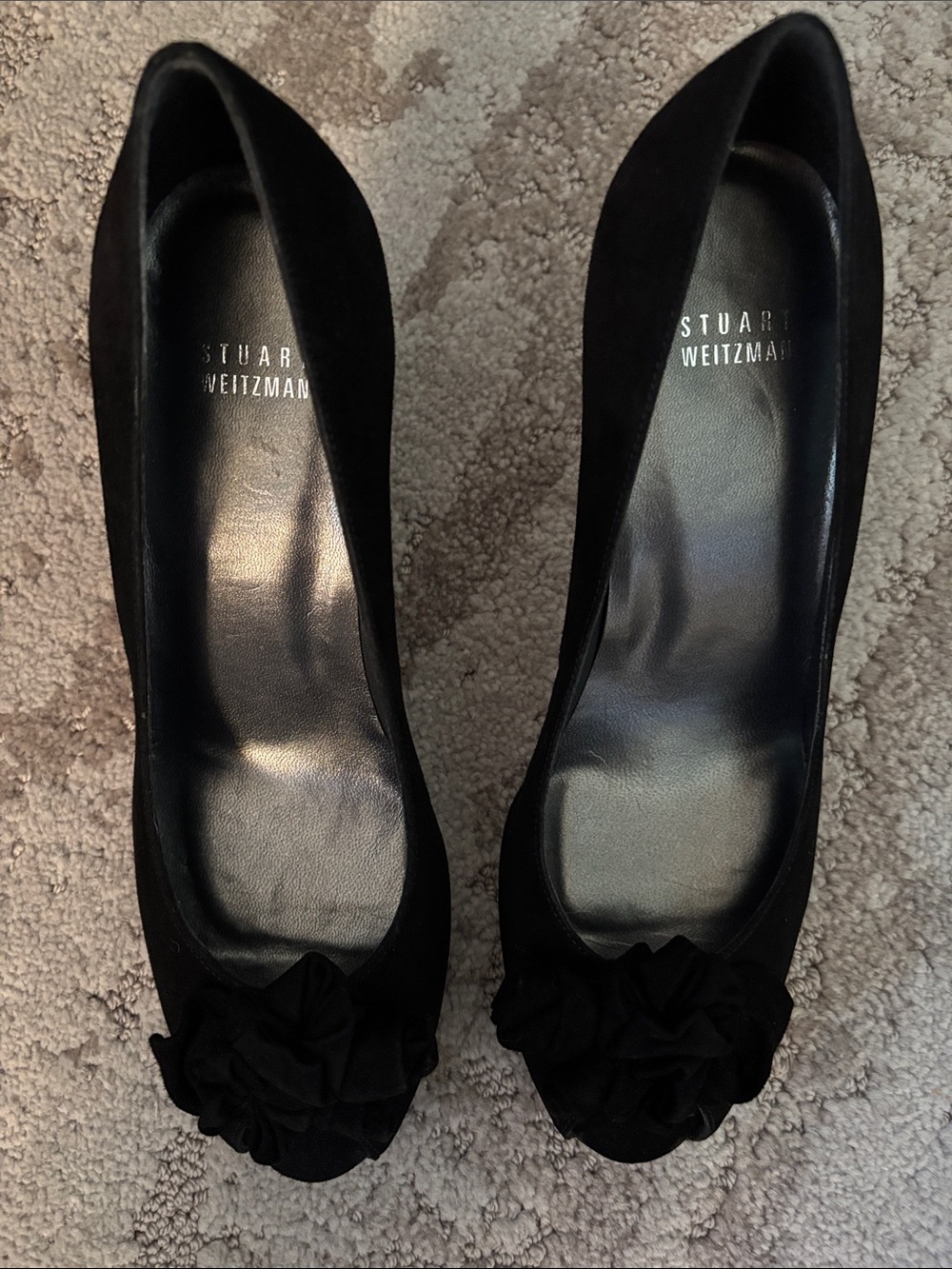 Stuart Weitzman Black Suede Peep-Toe Heels with Rosette Accent
